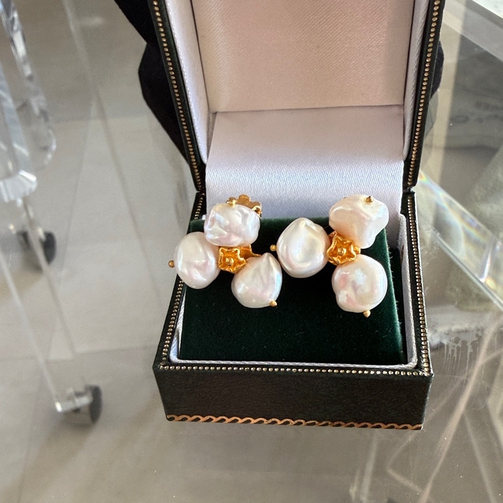 Baroque Pearl Cluster Earrings with Gold Vermeil Accents - White